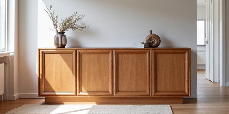 Nydelig håndskåret eikeskap i lys stue